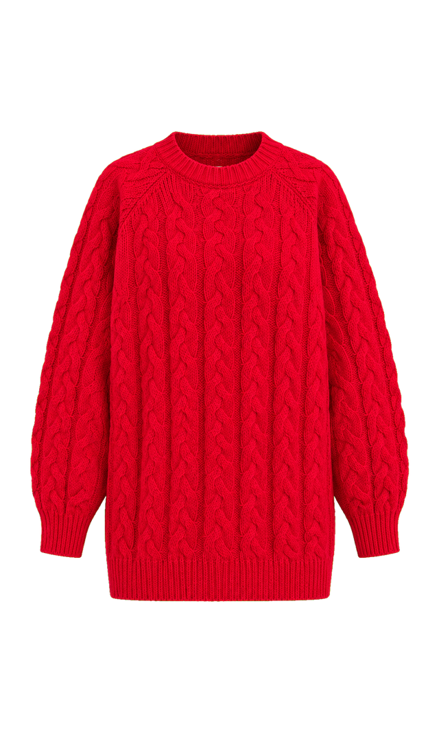 Relaxed Cable-Knit Crew-Neck Sweater, Red