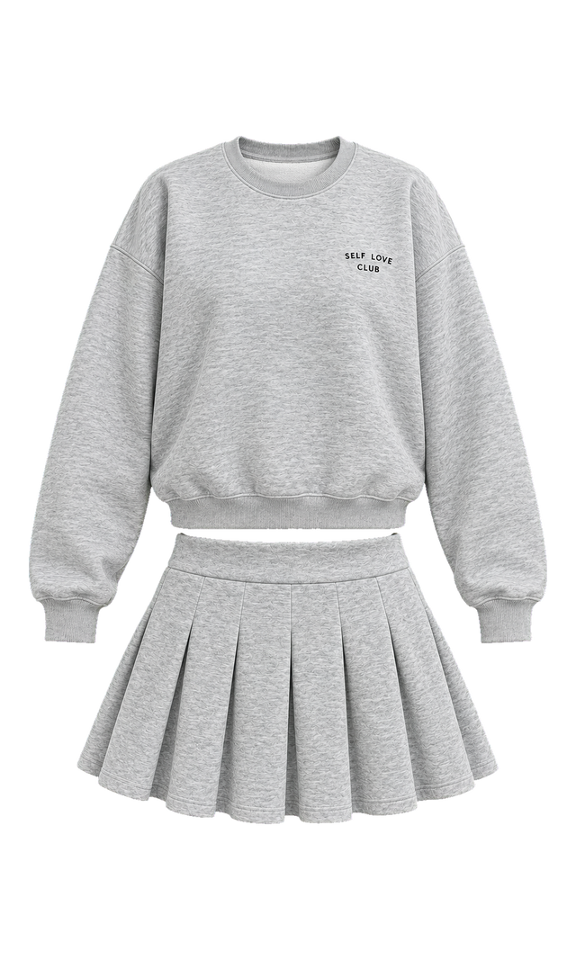 Sweatshirt and Pleated Mini Skirt Set, Grey