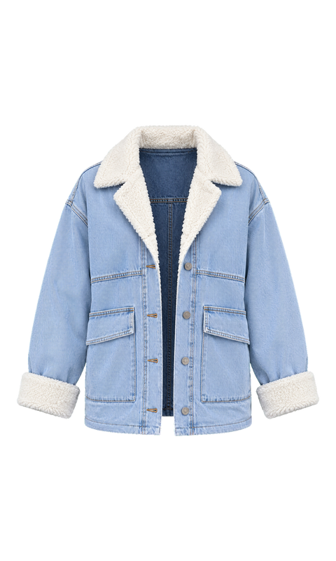 Denim Jacket with Teddy Collar and Cuffs