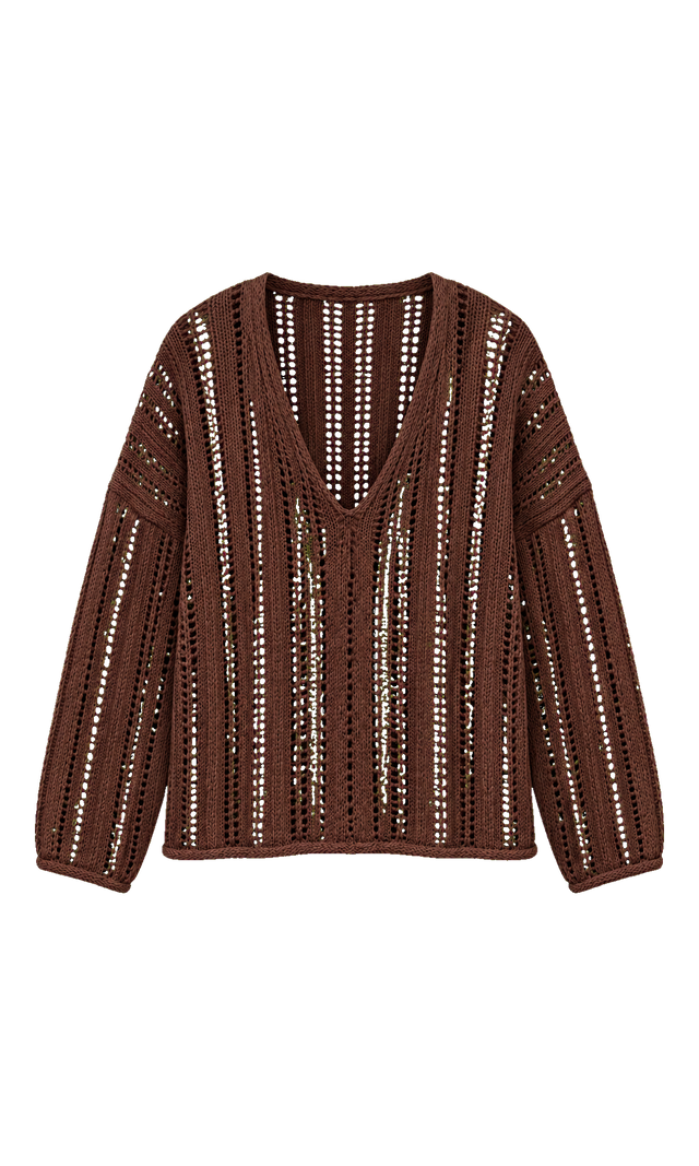 Oversized V-Neck Openwork Cotton Pullover, Brown