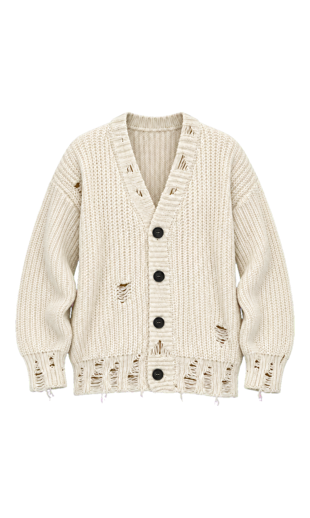 Distressed Chunky-Knit Cardigan, Ivory